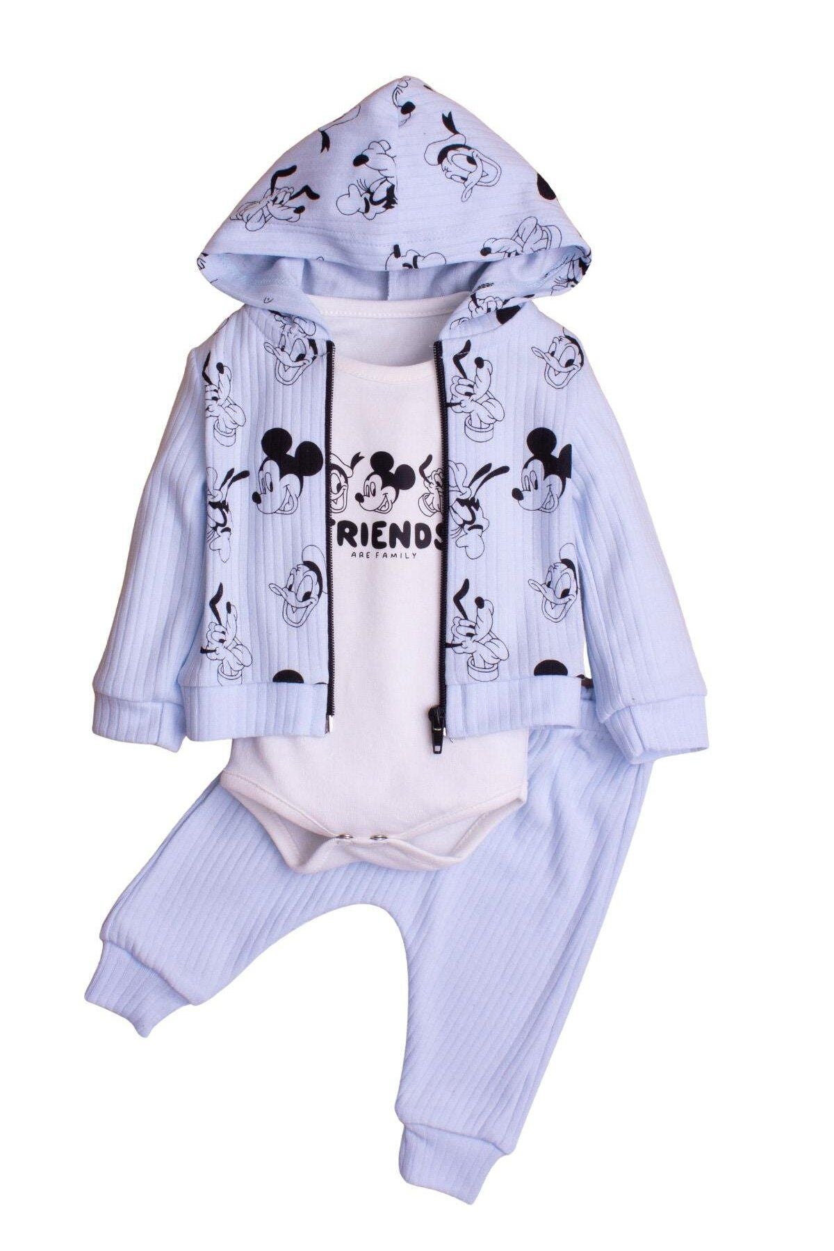 Kız Bebek Kapüşonlu Mickey Mause Pamuklu Zıbınlı Fitilli 3'lü Bebek Takımı